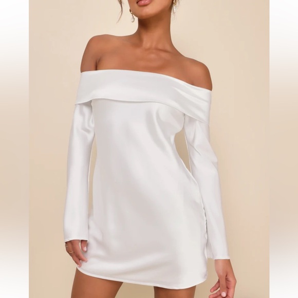 NWT Lulus Luxurious Vision White Satin Off-the-Shoulder Mini Dress - Bridal - Picture 1 of 11